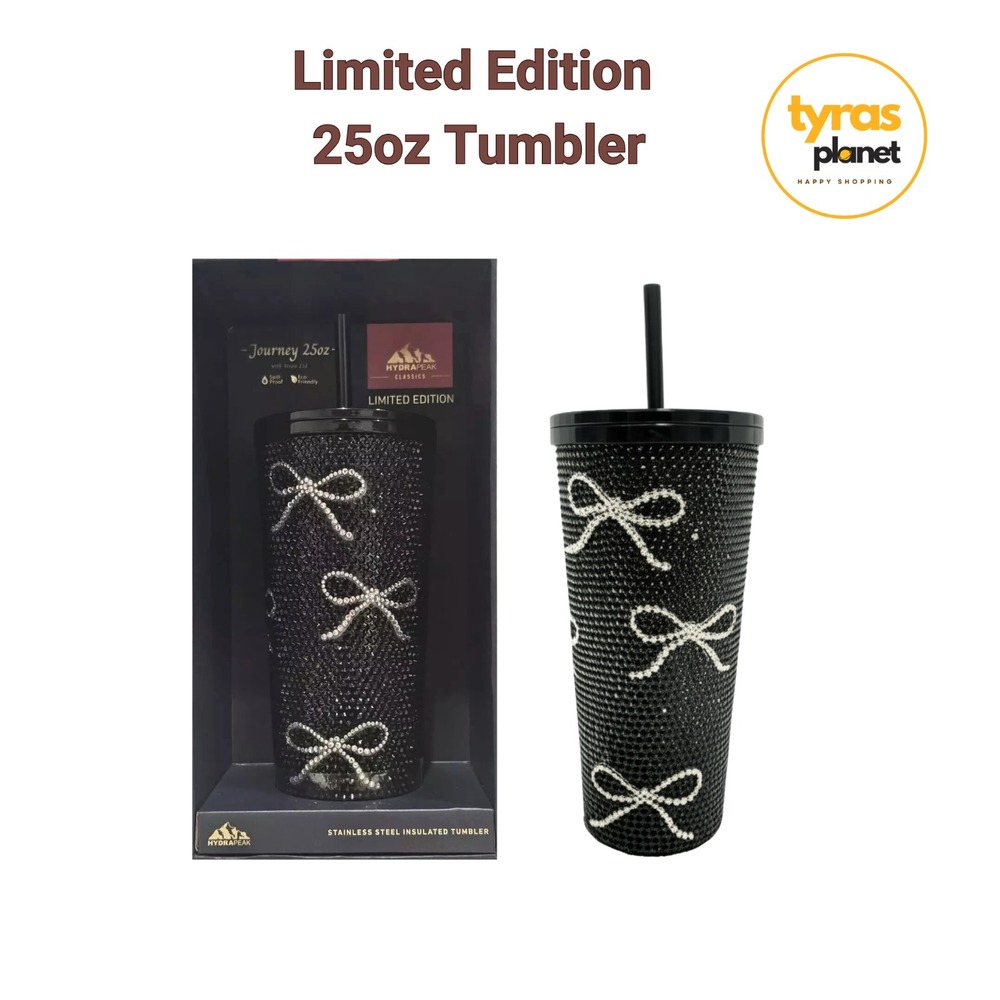 Limited Edition Hydrapeak Stainless Steel Black Bling Bow 25oz Tumbler NEW
